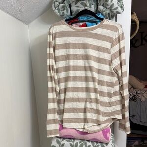 Casual Beige and White Striped Long Sleeve Top